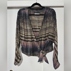 We The Free Black and Pink Plaid Wrap Tie Blouse